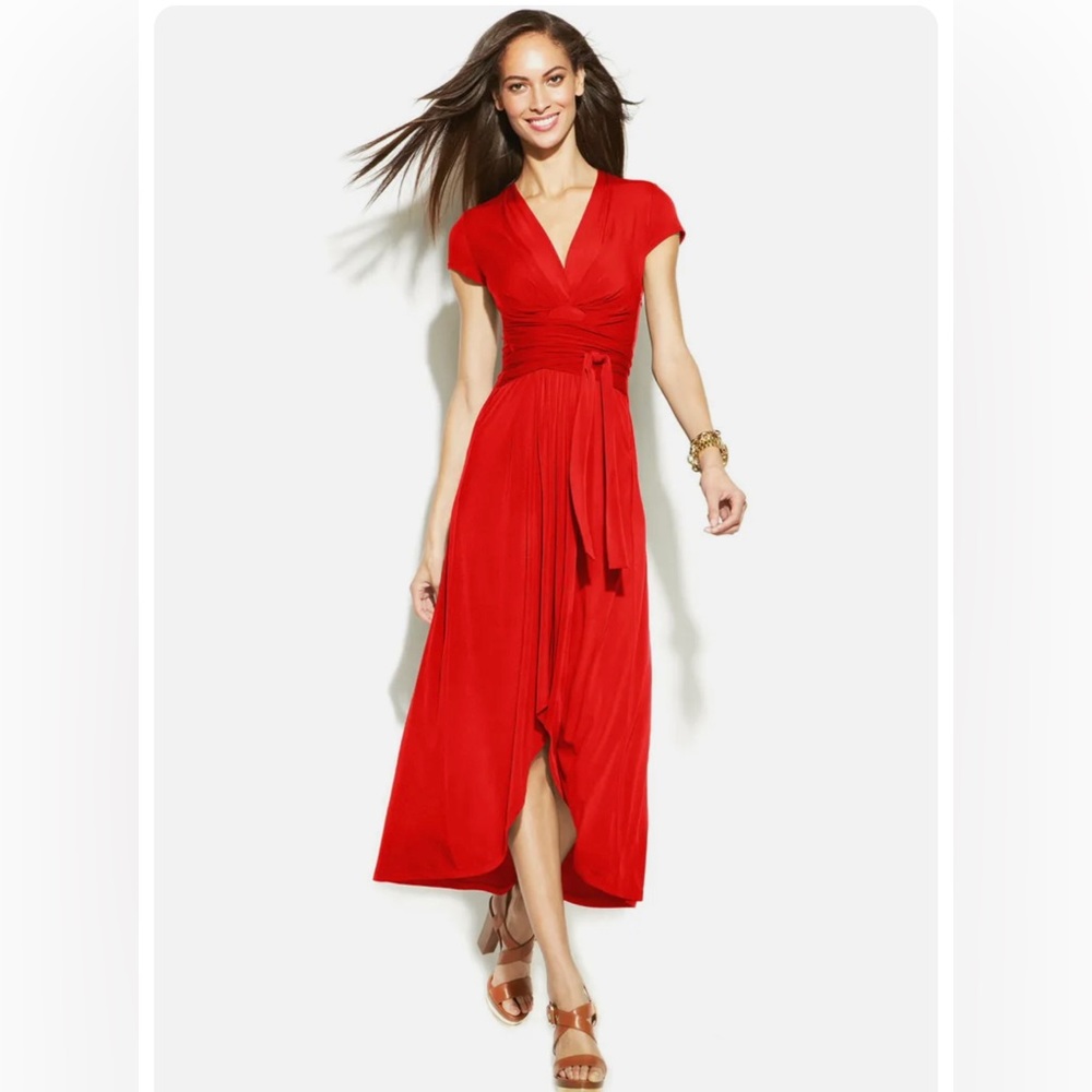 MICHAEL KORS Red High/Low Surplice V-Neck Tie Stretch Maxi Dress size 14P